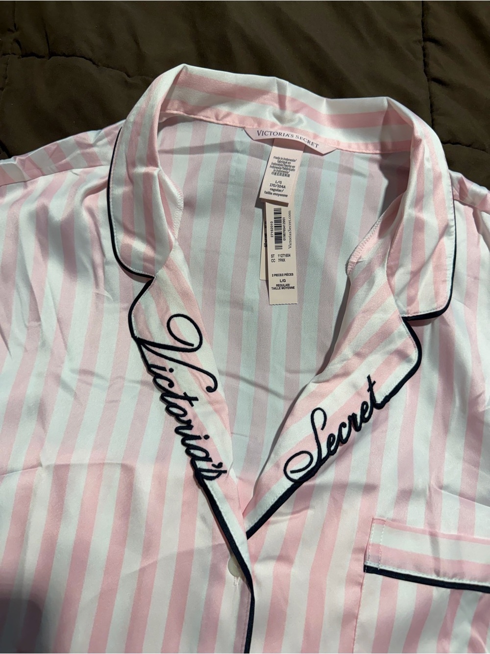 Victoria's Secret Pink & White Striped Satin Pajama Top with Black Piping